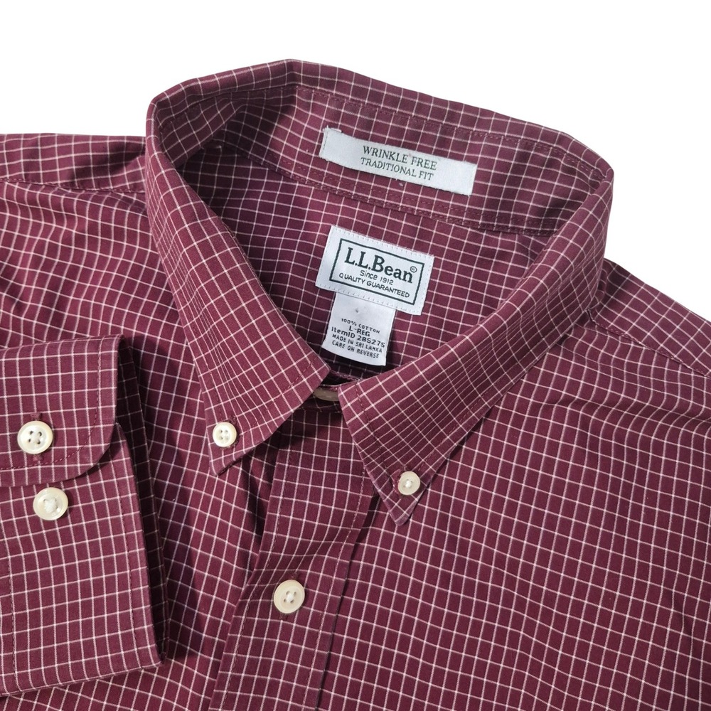 LL Bean Button Down Shirt Men Large Maroon Check Wrinkle Free Cotton Classic Ivy